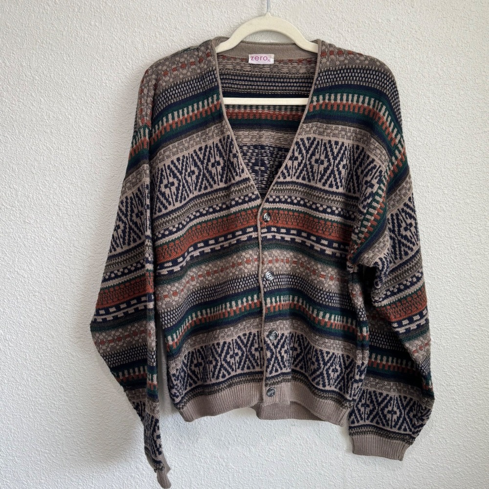 Zero‎ Vintage Fair Isle Geometric Knit Cardigan Sweater XL Brown Gorpcore Cabin